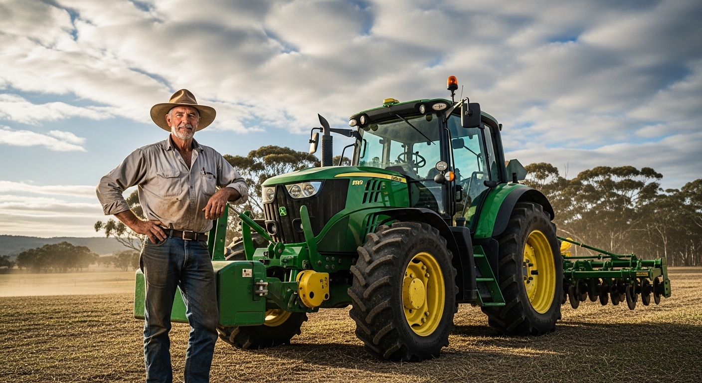 An Australian farmer standing proudly in front of a modern tractor in a field, illustrating successful ag equipment finance.