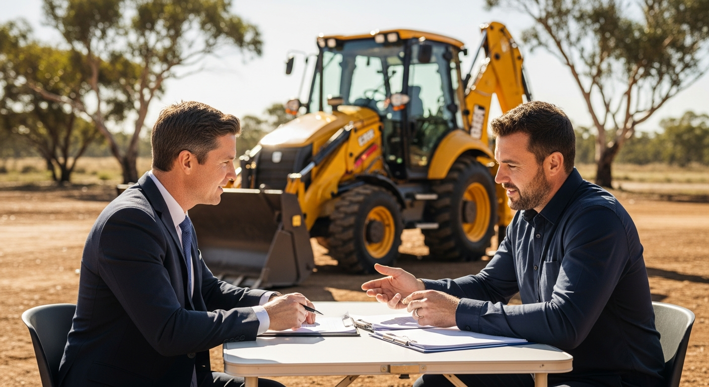 Professional photograph of a backhoe loader on an Australian construction site, ready for business finance