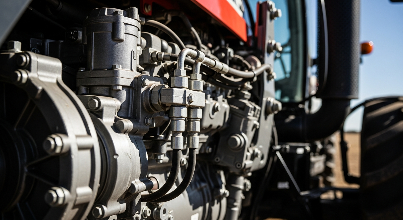 A modern combine harvester working in a large Australian field at sunset