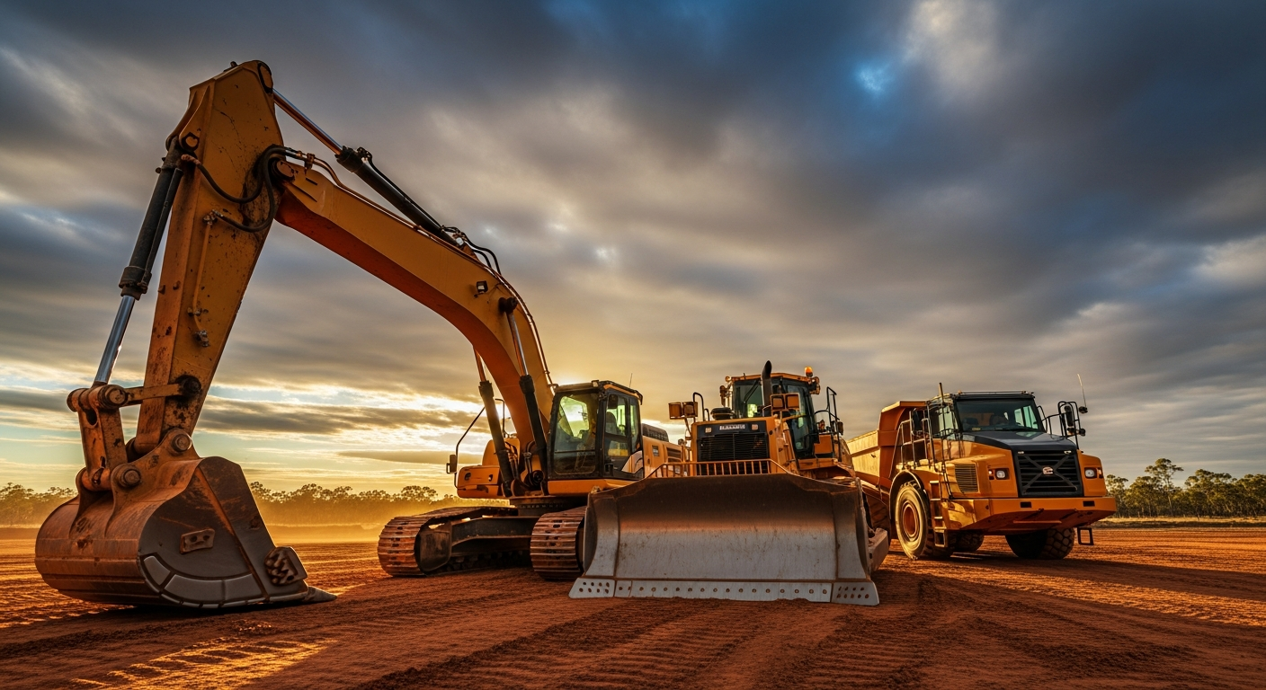 Professional photograph of various heavy construction machinery (excavator, bulldozer, crane) on an active Australian construction site, bright daylight.