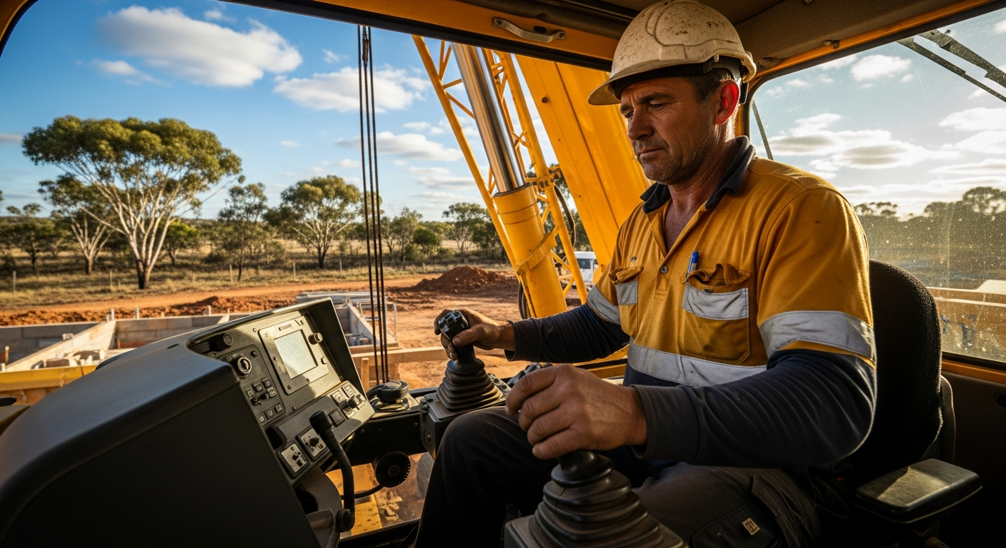 Professional photograph of a modern mobile crane on an Australian construction site, bright daylight, clean composition