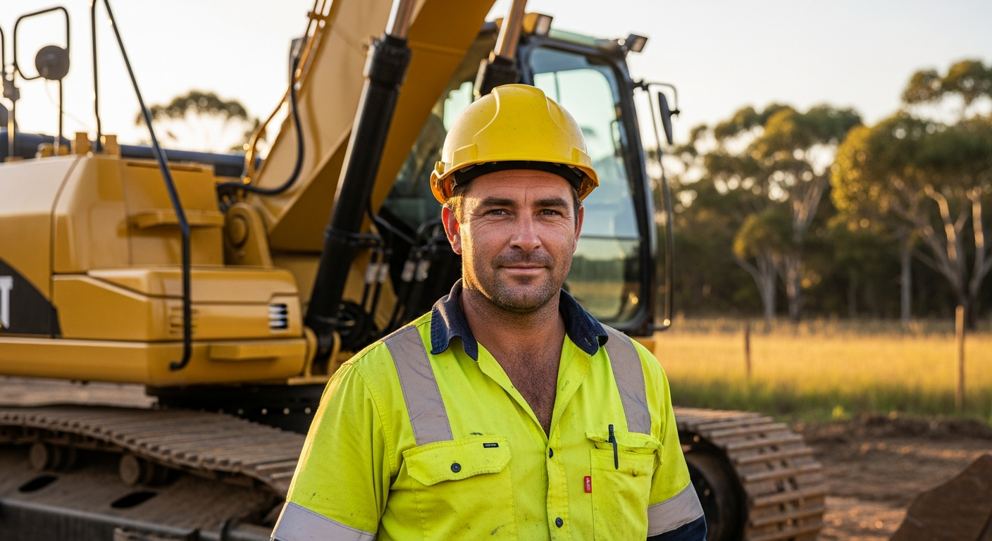 Excavator on a construction site with a new versus used comparison chart overlayed.
