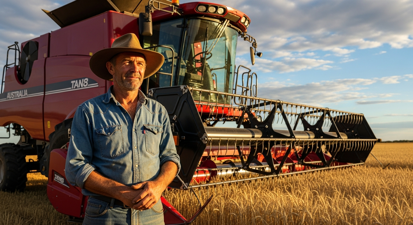 Professional photograph of a combine harvester working in an Australian grain field at sunrise, modern agricultural machinery, high quality