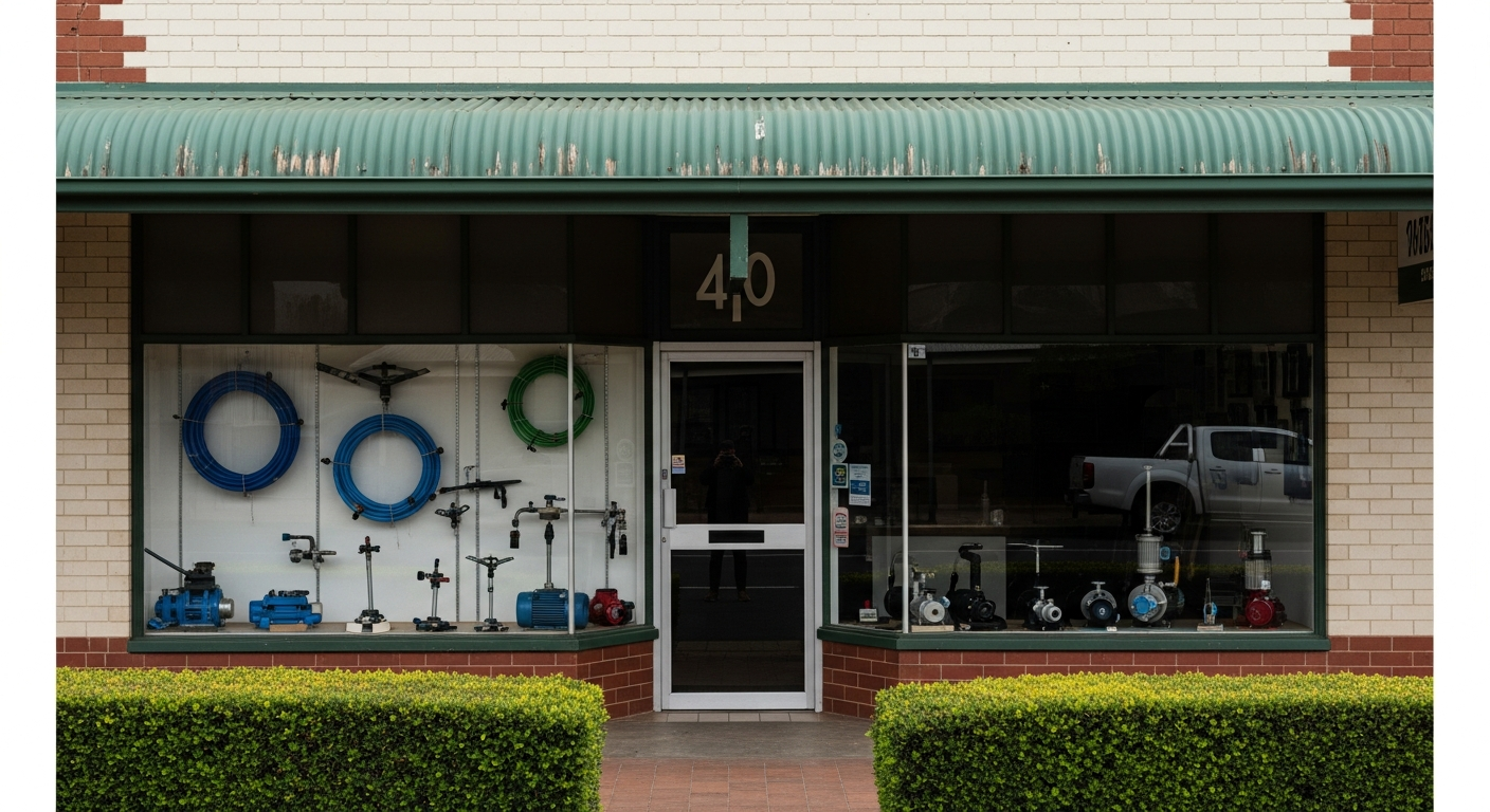 Professional photograph of a modern pivot irrigator watering crops on an Australian farm, agriculture business context, sunny day, clean composition.