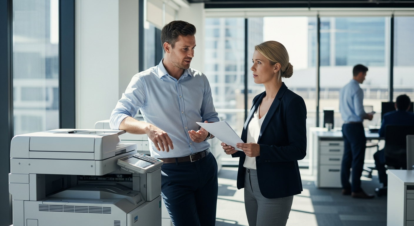 Modern office photocopier being used by a business professional