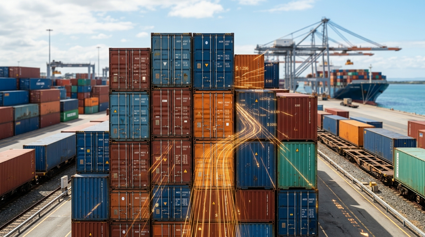 Professional photograph of large shipping containers stacked in an Australian port facility with business vehicles, bright daylight, clean composition