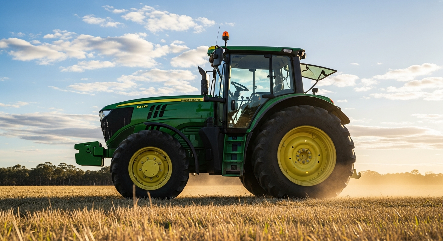 Professional photograph of a modern tractor in an Australian agricultural field, clear sky, well-lit, clean composition