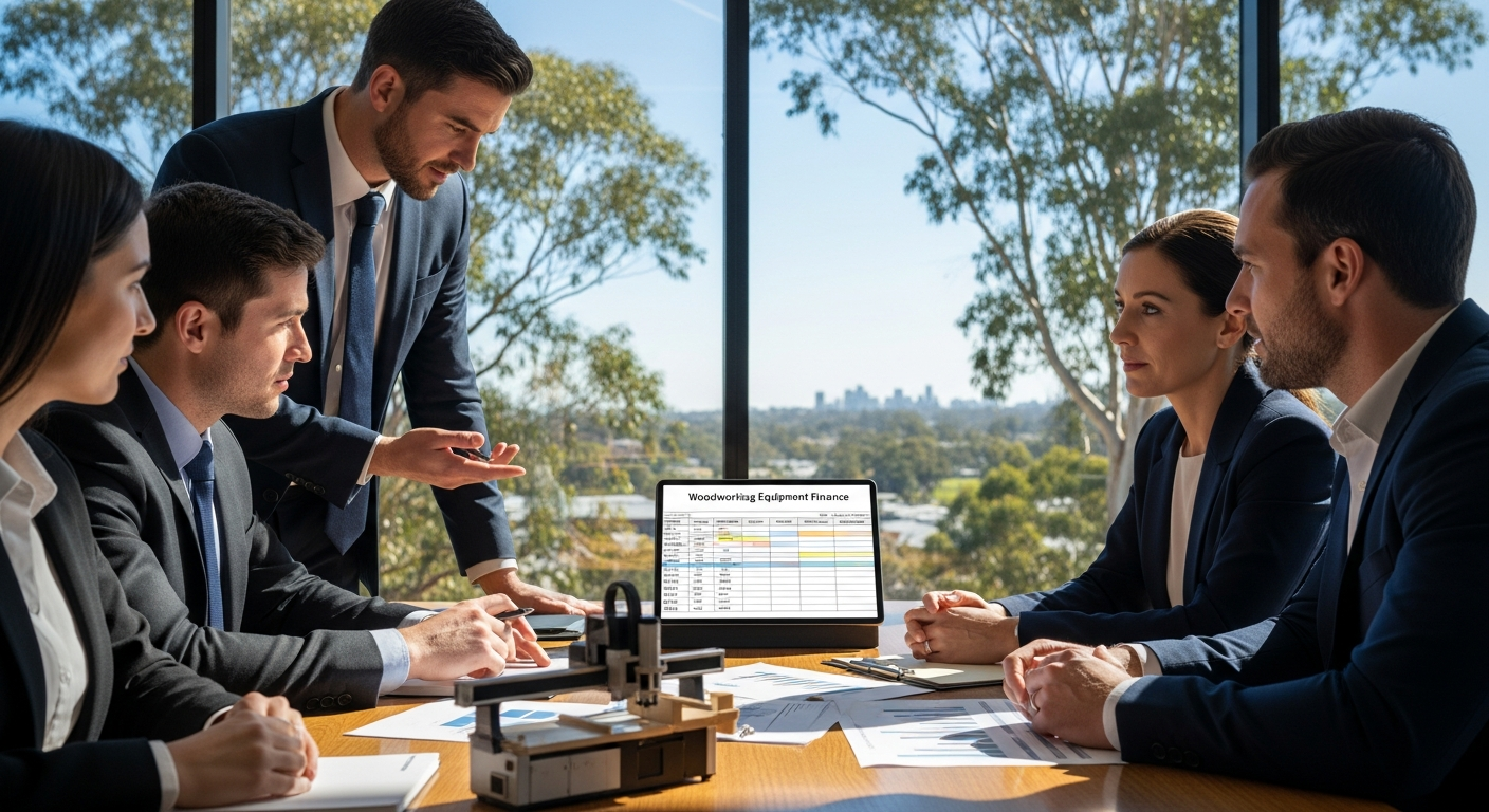 Professional photograph of a woodworking business owner reviewing finance options on a laptop